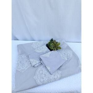 Ballard Designs KING Grey LOLA Duvet Cover Medallions 2 Shams 100% Cotton